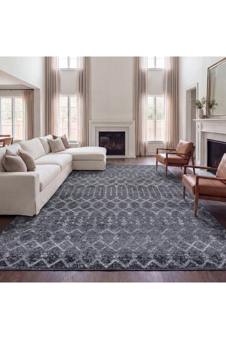 Leila Moroccan Diamond Trellis Non-Slip Machine-Washable Area Rug, Alternate, color, Gray/Ivory