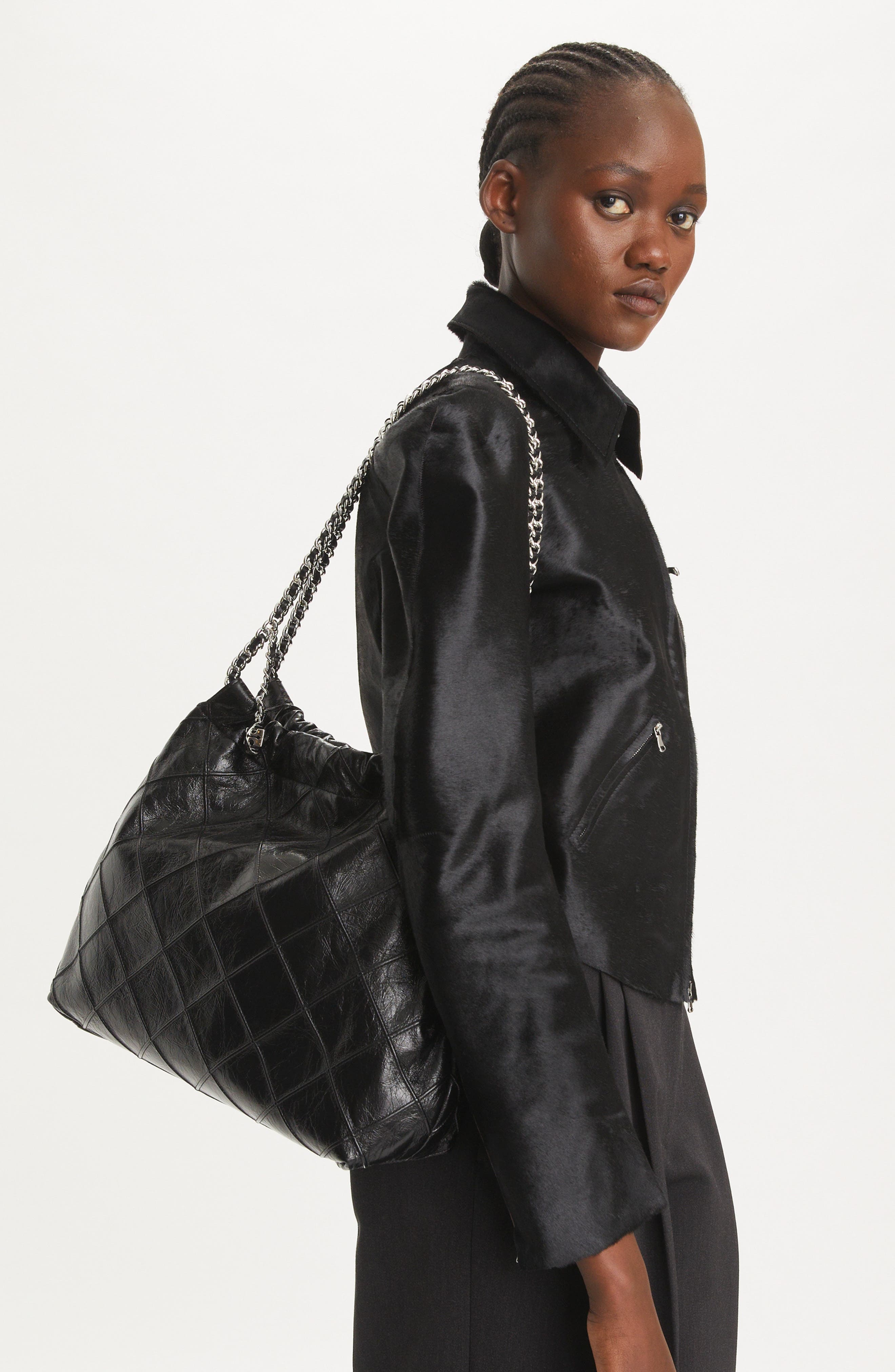 Tory Burch Fleming Distressed Quilted Leather Hobo Bag, Alternate, color, Black