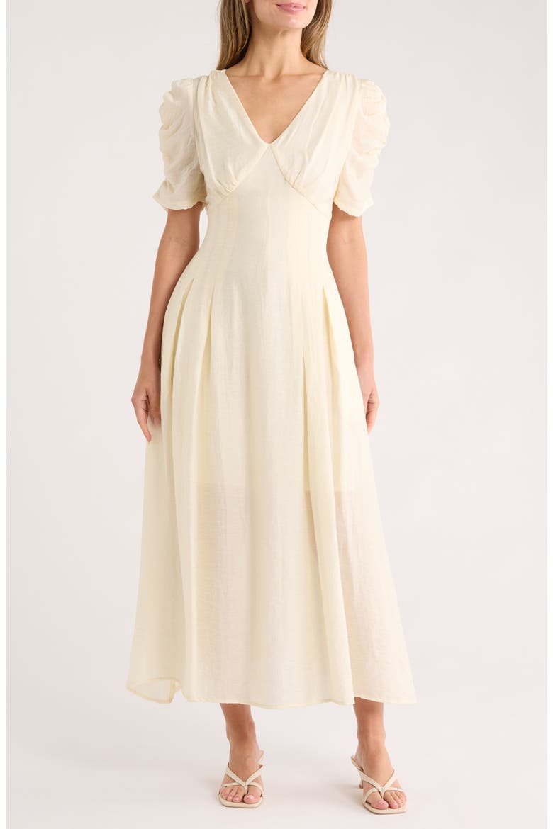 Ruched Sleeve V-Neck Midi Dress, Main, color, PALE YELLOW