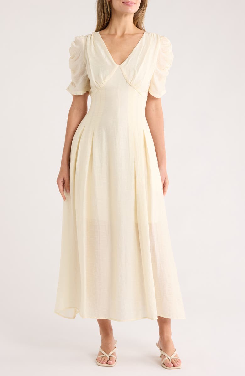 MELLODAY Ruched Sleeve V-Neck Midi Dress, Main, color,