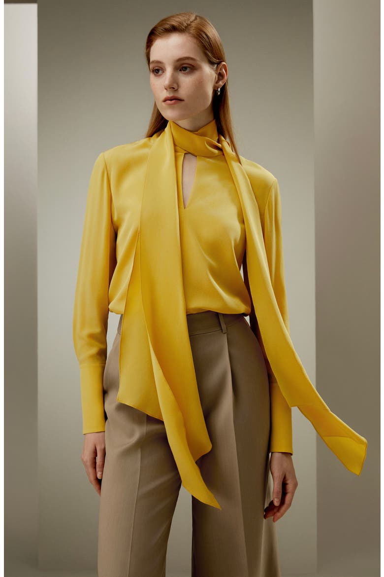Flowing Draped Tie-Neck Silk Blouse, Alternate, color, Ginger