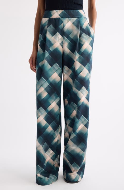Hartia Spray Check Pleated Wide Leg Cotton Pants