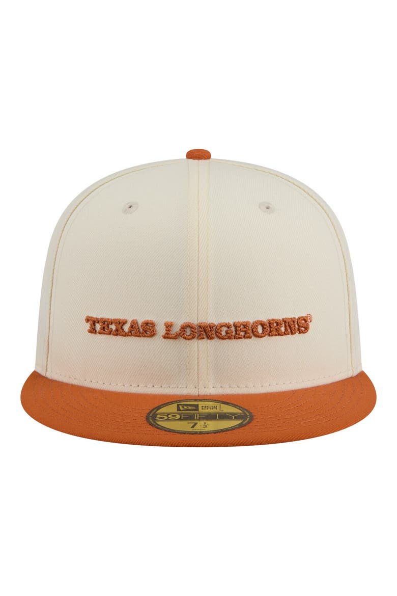 Men's New Era  Cream/Texas Orange Texas Longhorns Two-Tone Script 59FIFTY Fitted Hat, Alternate, color, Cream