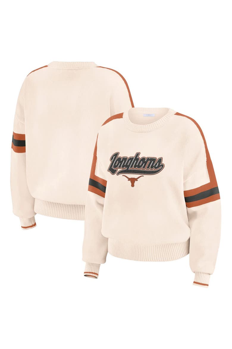 Women's WEAR by Erin Andrews  Cream Texas Longhorns Chenille Woven Patch Stripe Pullover Sweater, Main, color, Cream