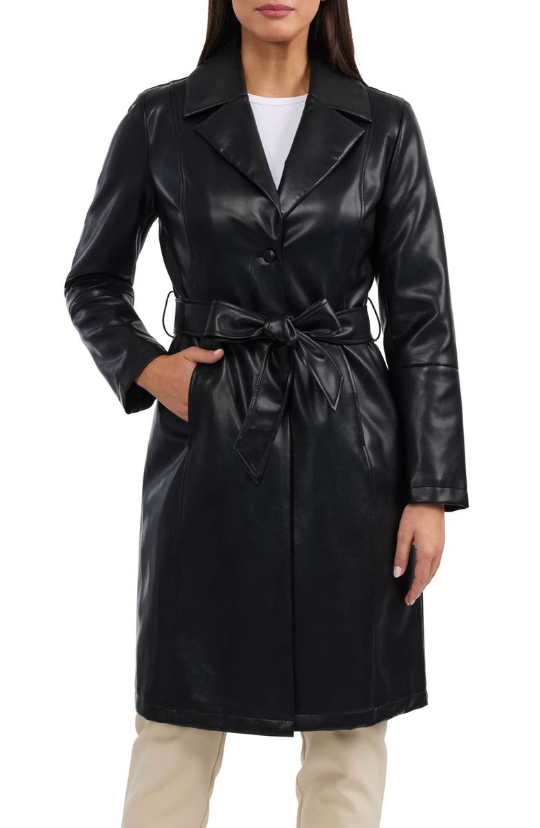 BADGLEY MISCHKA Single Breasted Faux Leather Trench Coat, Main, color, Black