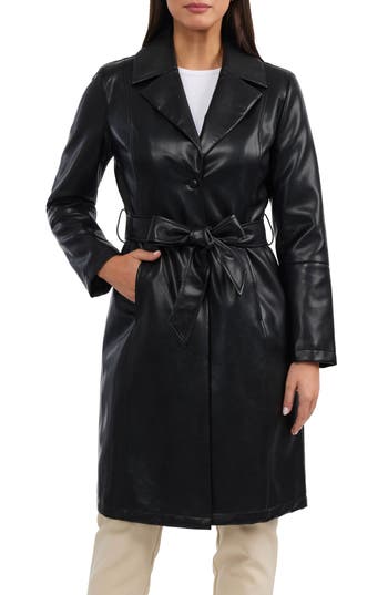 Badgley Mischka Single Breasted Faux Leather Trench Coat In Black