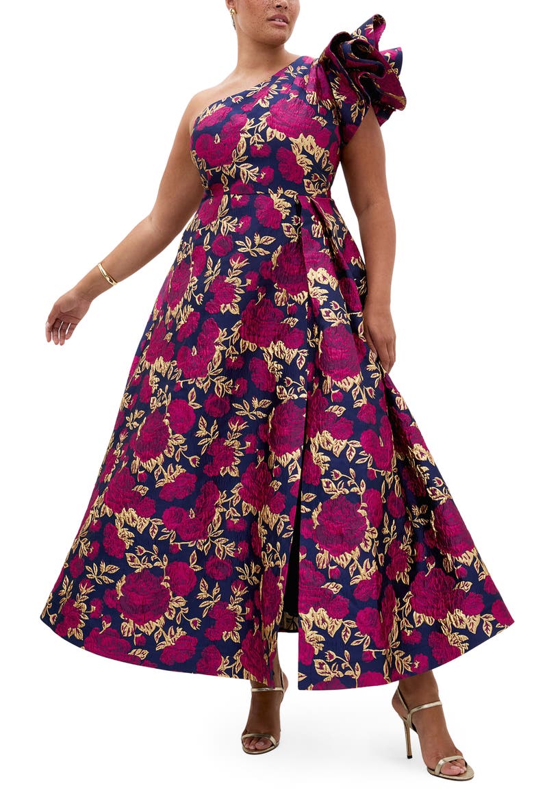 Floral Jacquard Grand Gala Maxi Dress, Main, color, MIDNIGHT GARDEN