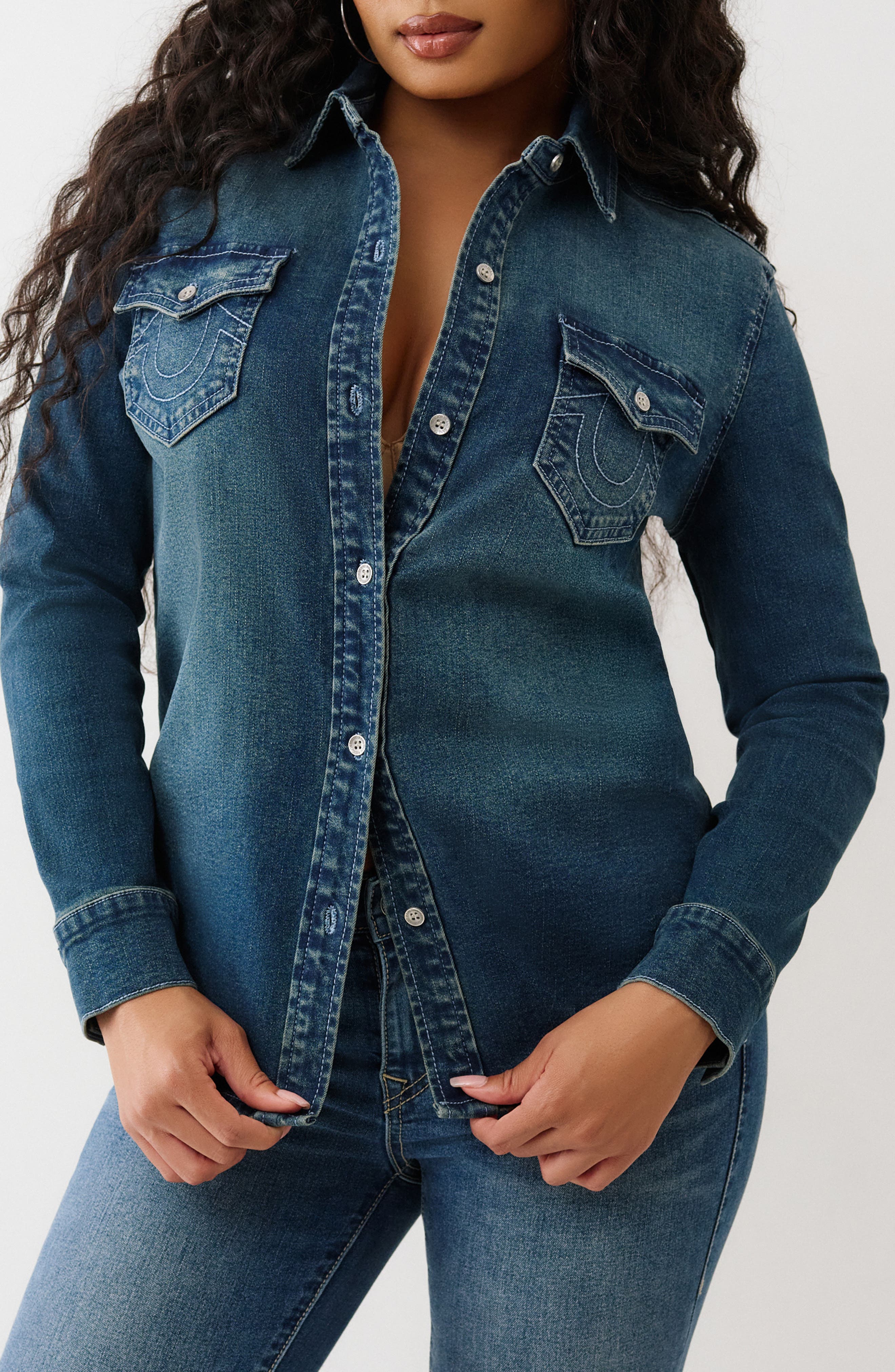 True Religion Georgia Glitter Denim Button-Up Shirt