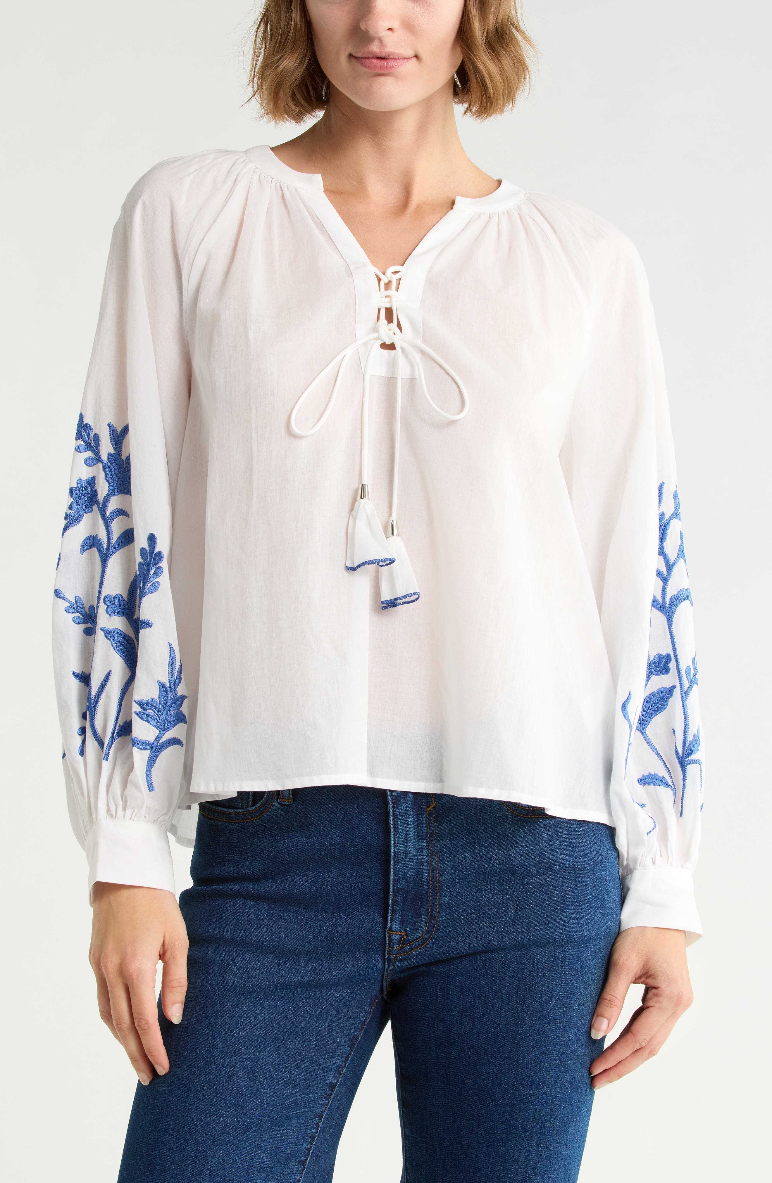 Embroidered Tie Neck Top