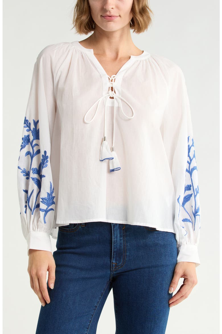 Embroidered Tie Neck Top, Main, color, WHITE W/ BLUE EMBROIDERY