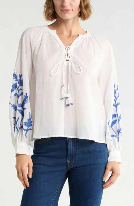 Embroidered Tie Neck Top