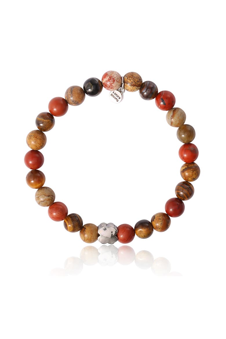 Jasper Stone Beaded Stretch Bracelet, Main, color, red, brown, silver