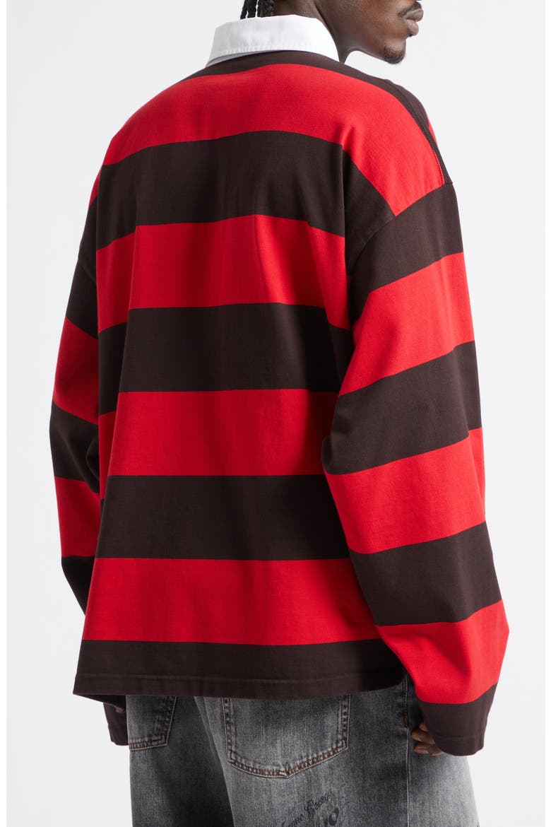 Laurel Embroidered Stripe Mixed Media Rugby Polo, Alternate, color, 1273 DARK BROWN/ RED