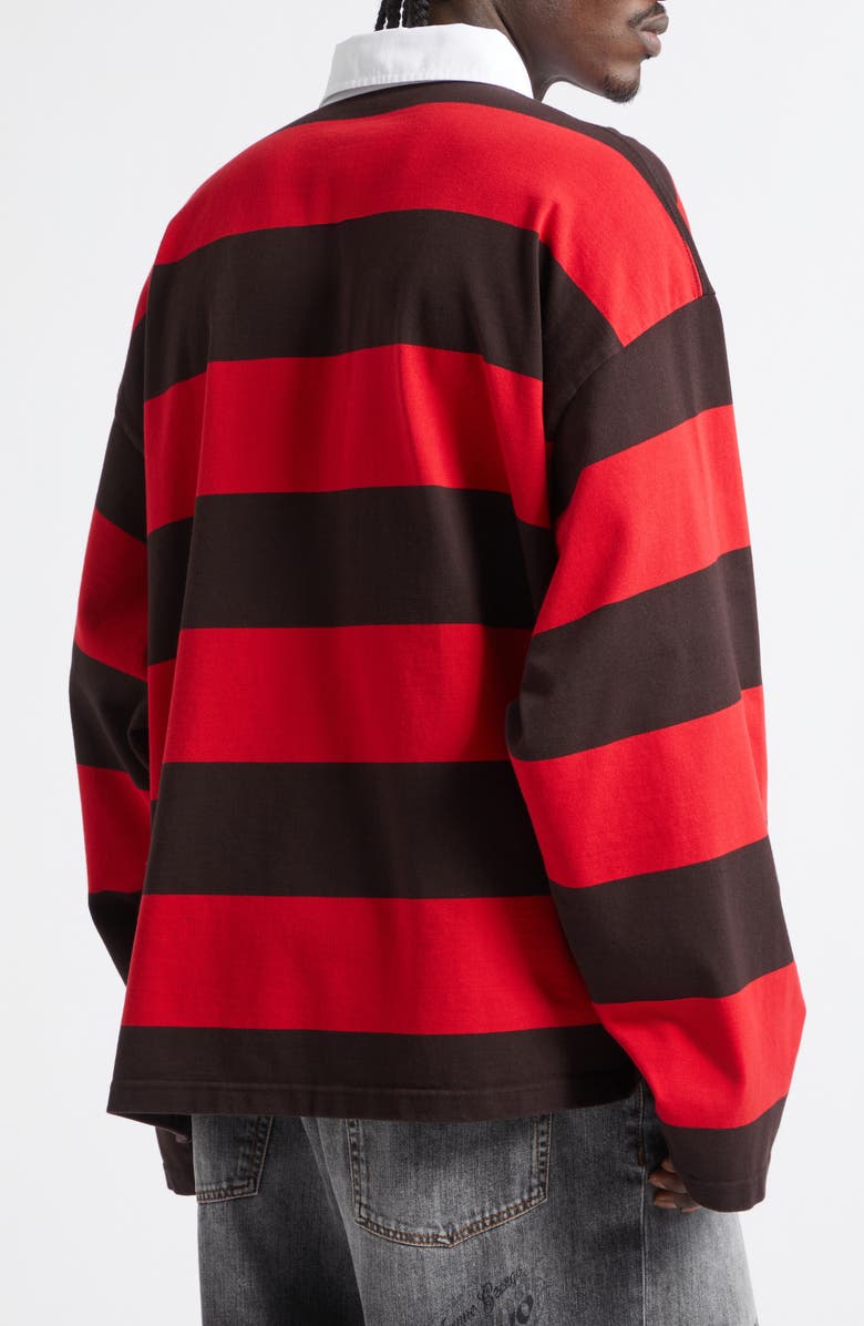 Balenciaga Laurel Embroidered Stripe Mixed Media Rugby Polo, Alternate, color, 1273 Dark Brown/ Red