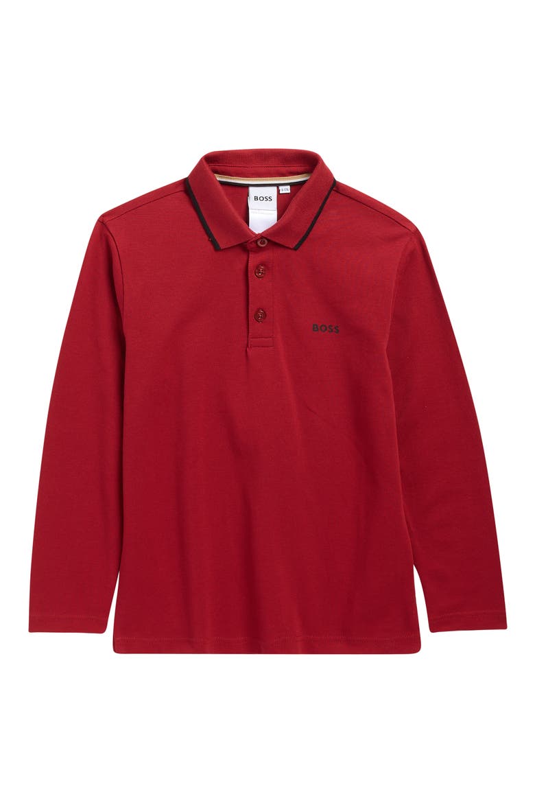Kids' Long Sleeve Tipped Cotton Polo, Main, color, DARK RED