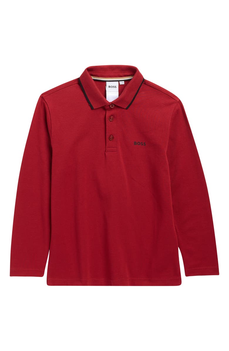 BOSS Kidswear Kids' Long Sleeve Tipped Cotton Polo, Main, color, Dark Red