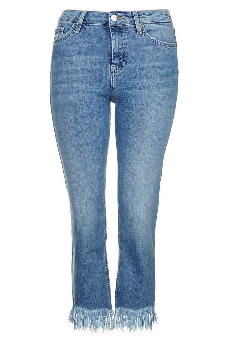 Fringe Hem High Rise Jeans, Alternate, color, MID DENIM