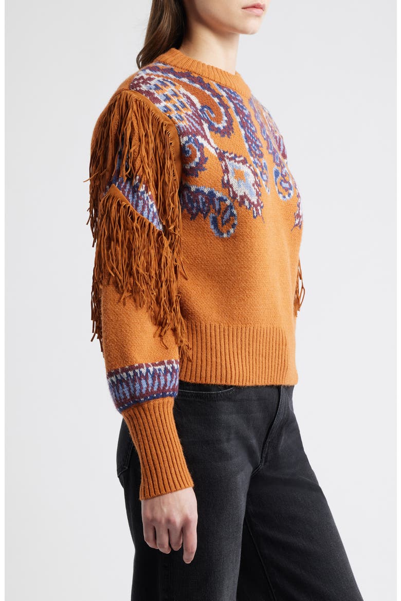 Arabesque Scarf Fringe Knit Sweater, Alternate, color, BROWN