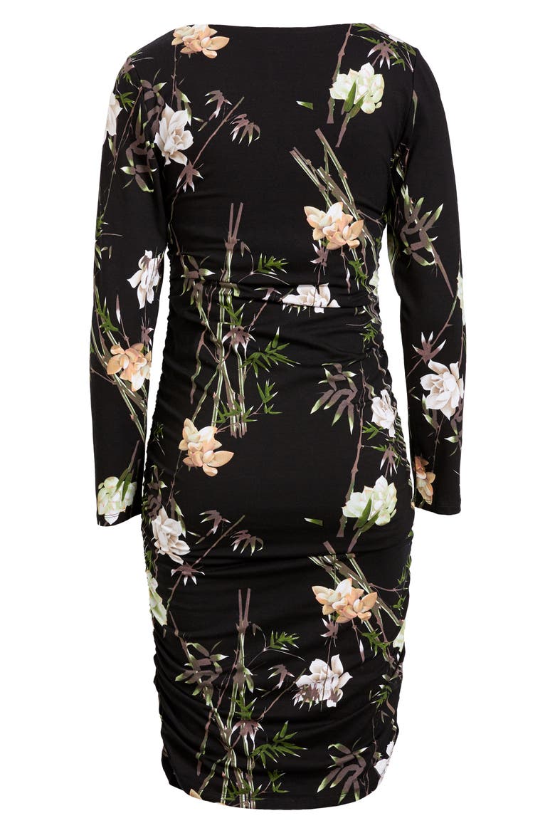 Print Ruched Long Sleeve Maternity Dress, Alternate, color, BLACK PRINT