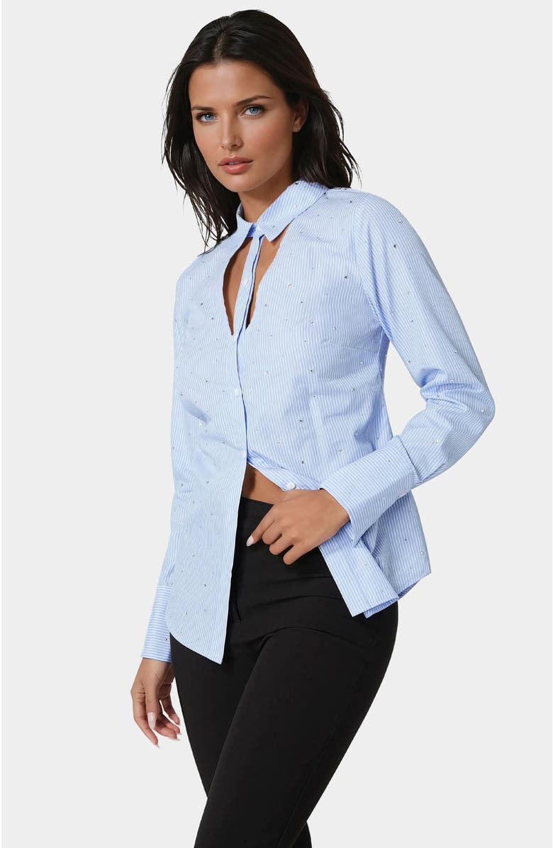 bebe Cut Out Rhinestone Poplin Blouse, Alternate, color, 