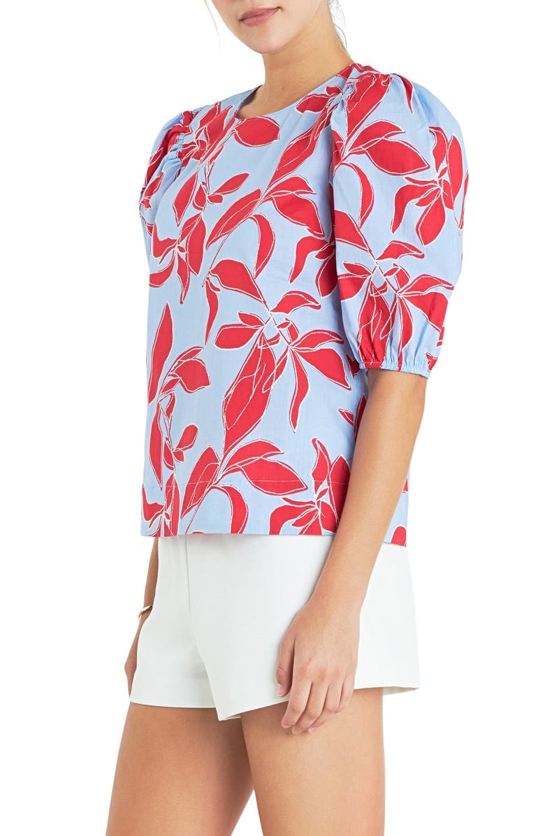 English Factory Leaf Print Puff Sleeve Cotton Top, Alternate, color, Blue Multi