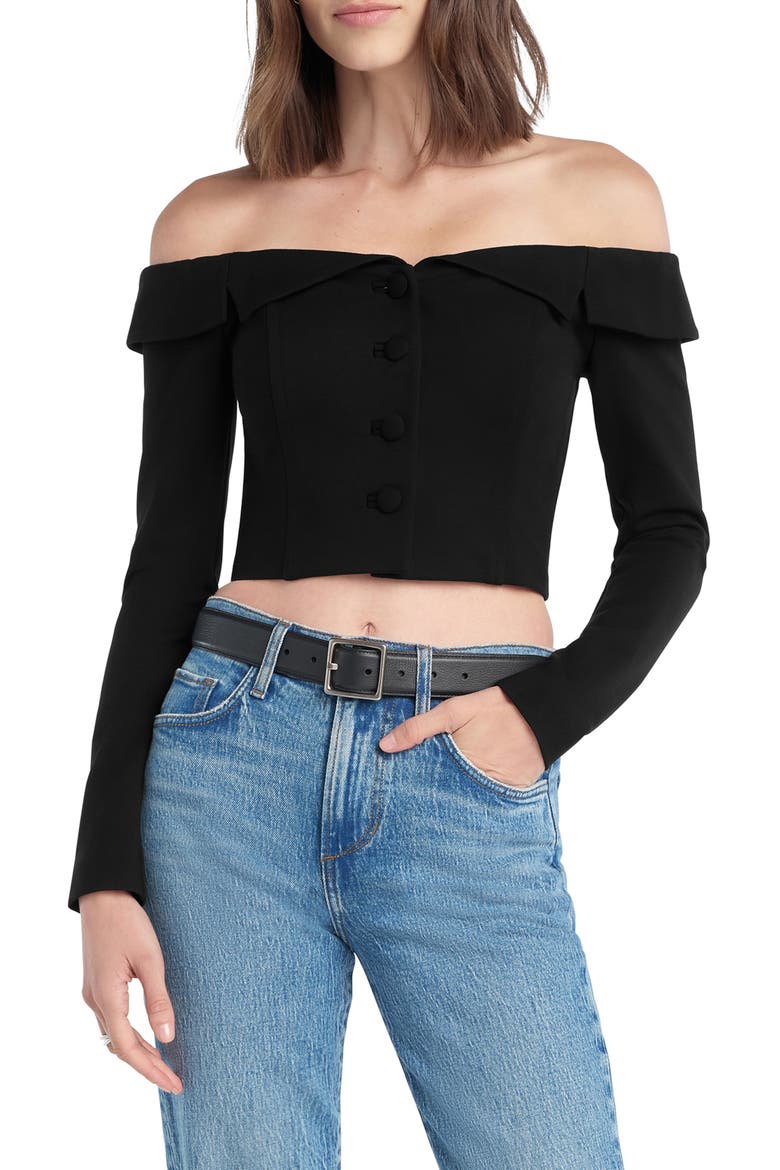 The Revenge Off the Shoulder Crop Top, Main, color, BLACK