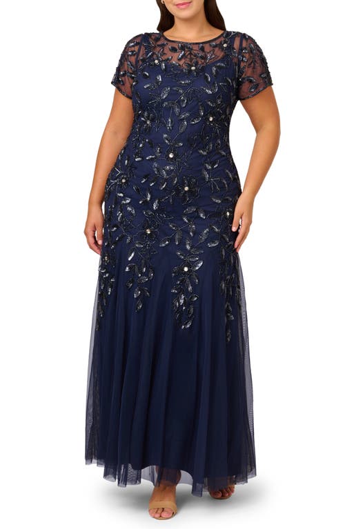 Adrianna Papell Beaded Floral Godet Gown In Light Navy