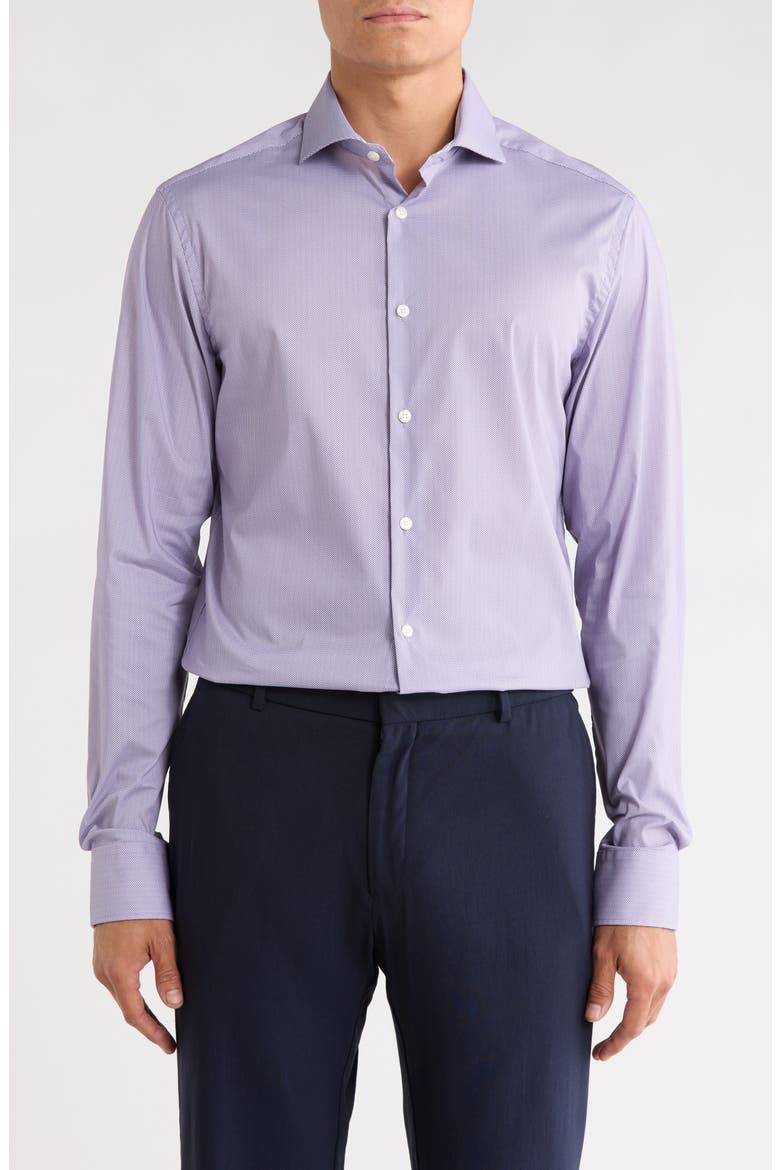 Advanced Tech Stretch Slim Fit Print Dress Shirt, Main, color, DARK PURPLE