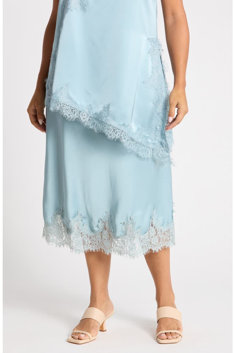Lace Hem Satin Midi Skirt, Main, color, DUSTY BLUE