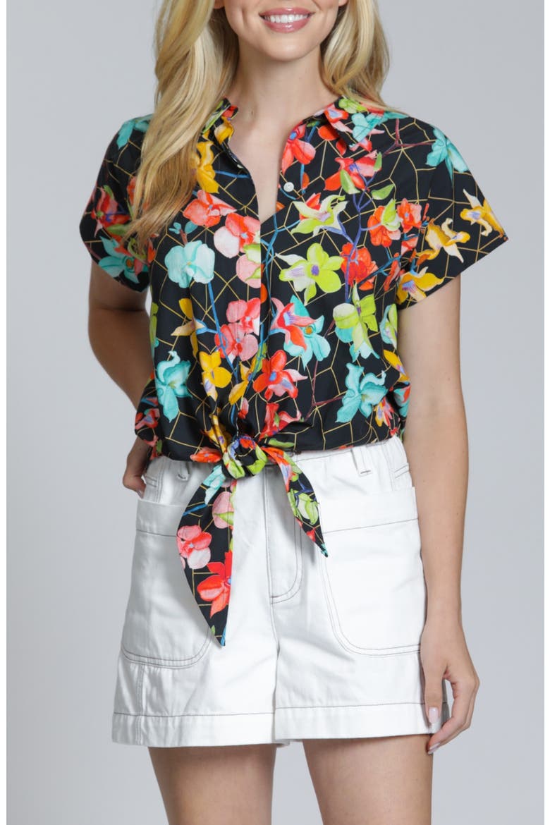 Print Tie Waist Cotton Camp Shirt, Main, color, TURQUOISE MULTI