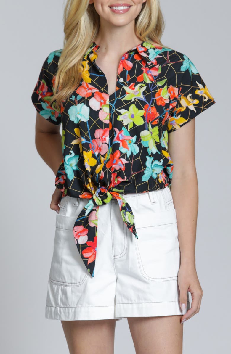 APNY Print Tie Waist Cotton Camp Shirt, Main, color, Turquoise Multi