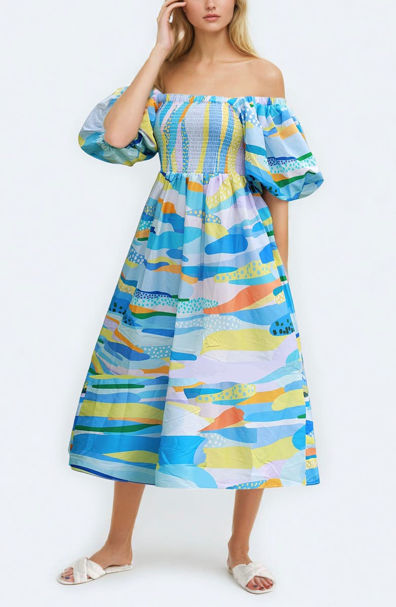 Jessie Zhao New York Landscape Smocked Cotton Silk Dress, Main, color, Blue