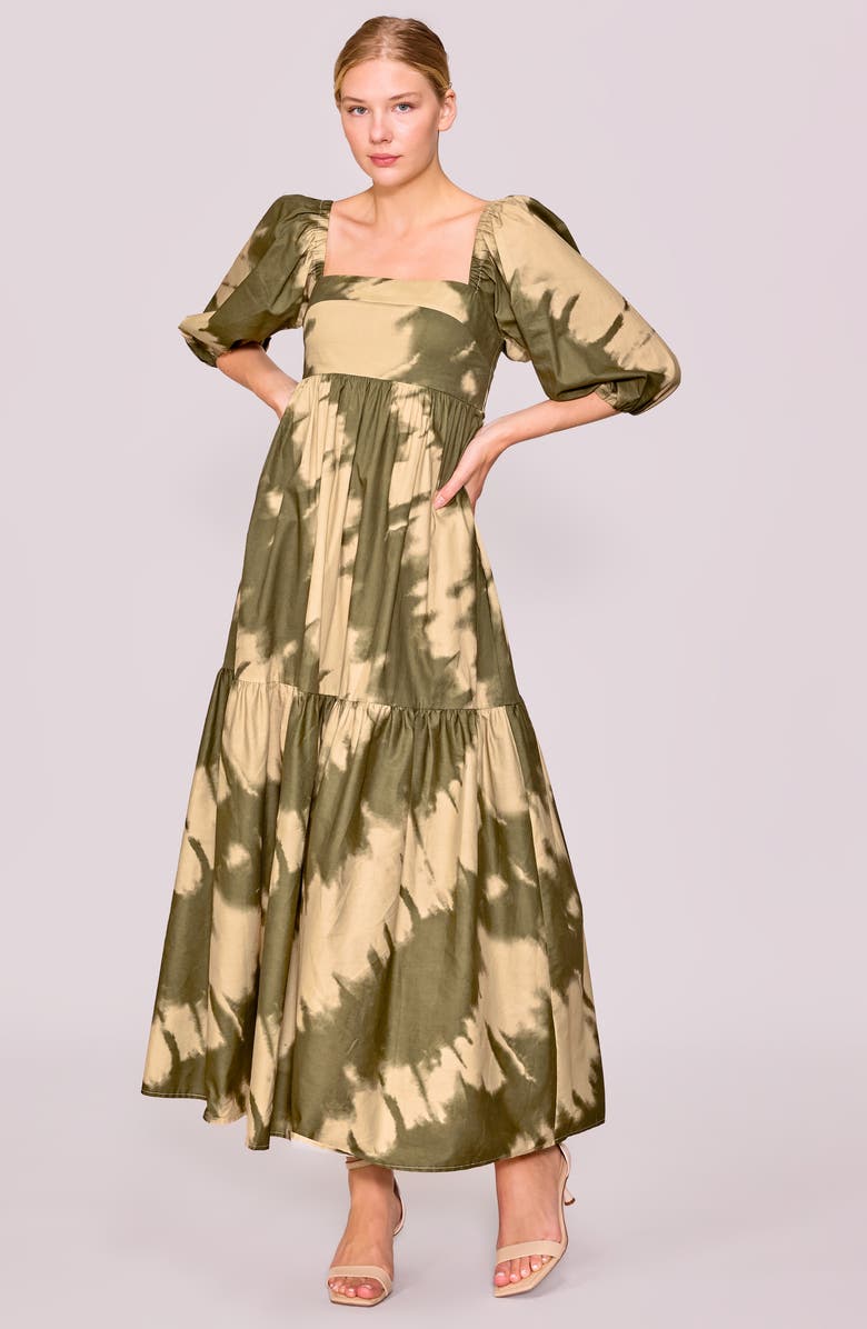 MELLODAY Square Neck Puff Sleeve Tiered Dress, Alternate, color, Olive Marble