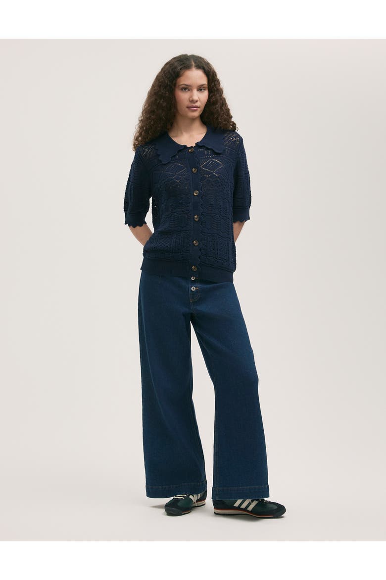 Marlowe Short Sleeve Crochet Cardigan, Alternate, color, Navy