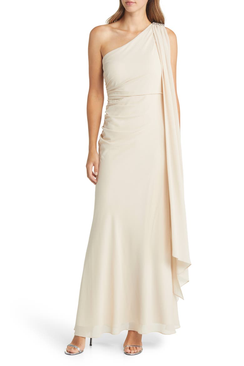 One-Shoulder Drape Gown, Main, color, CHAMPAGNE