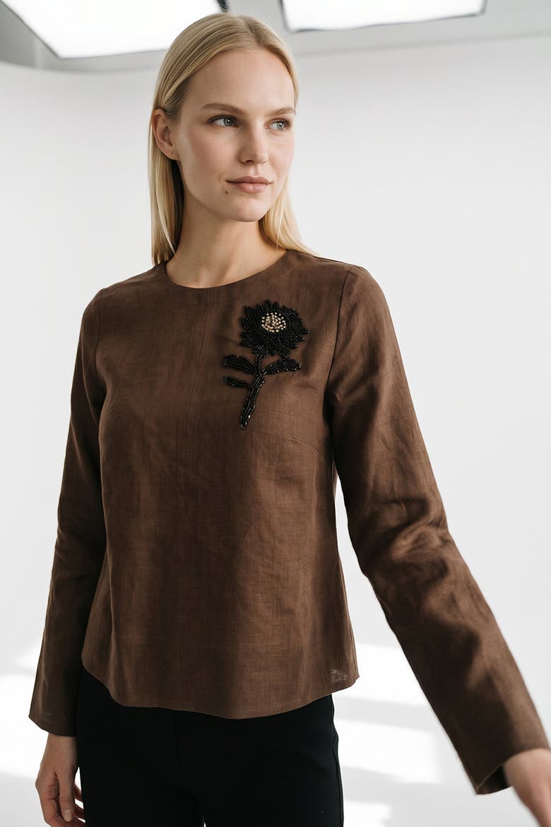Fifine Long Sleeve Linen Blouse, Alternate, color, Brown