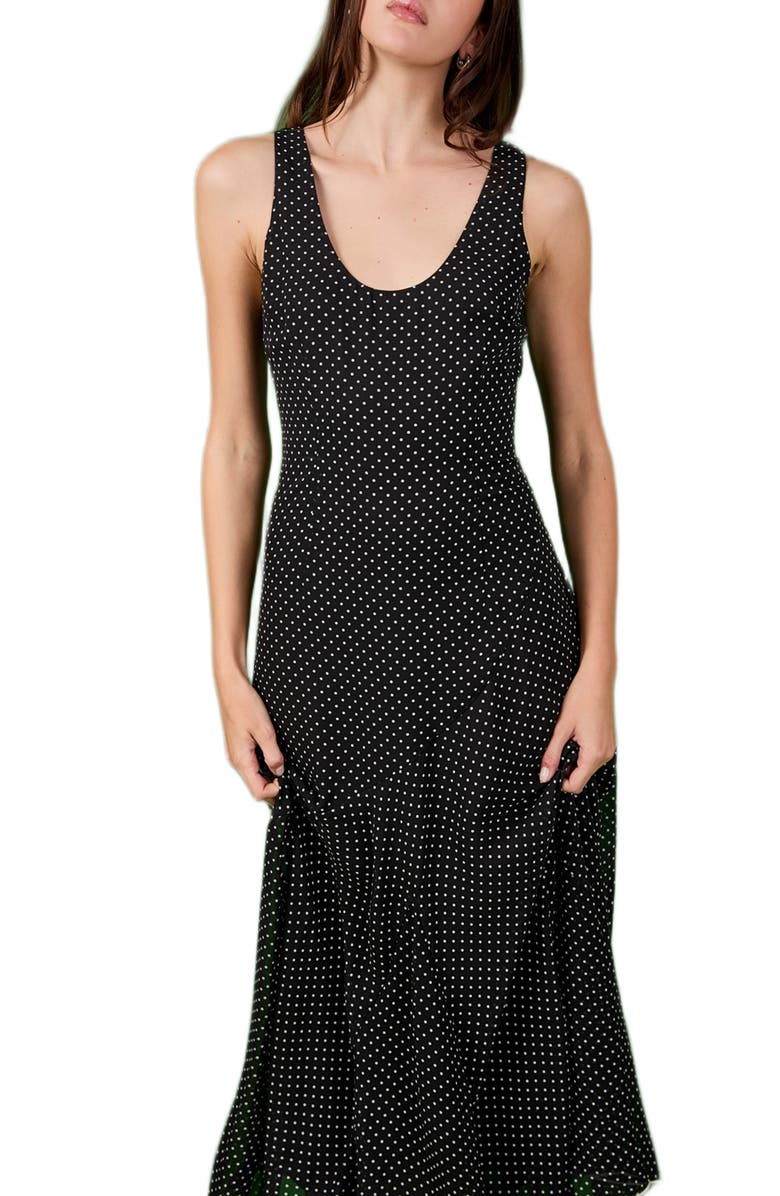Endless Rose Dot Sleeveless Godet Maxi Dress, Alternate, color, Black/ White