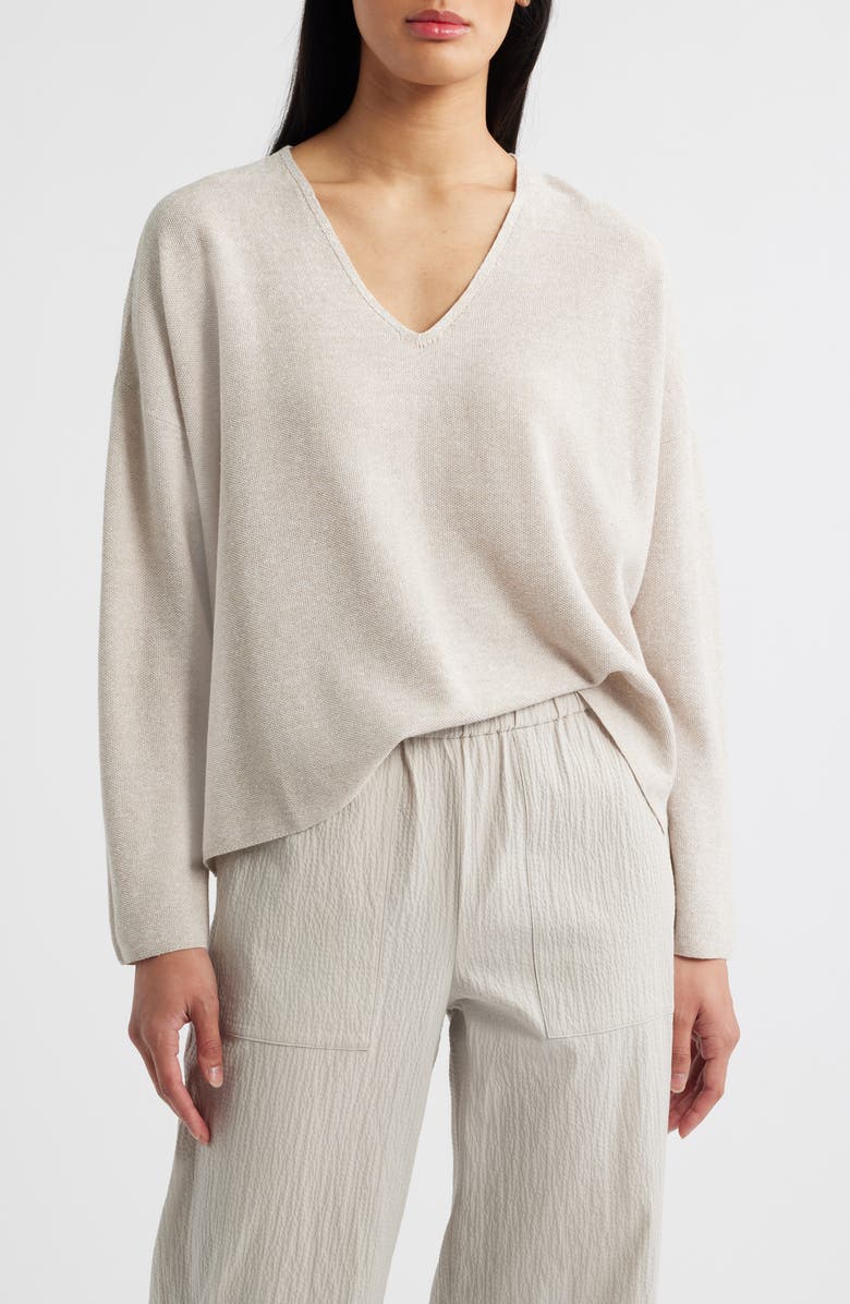 Eileen Fisher Organic Linen & Organic Cotton V-Neck Sweater, Main, color, Undyed Natural