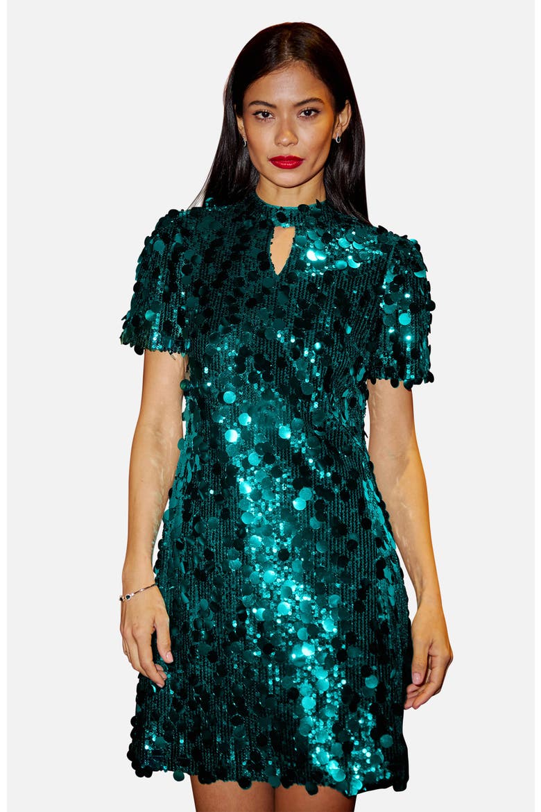 Sequin Short Sleeve Tunic Dress, Main, color, Green