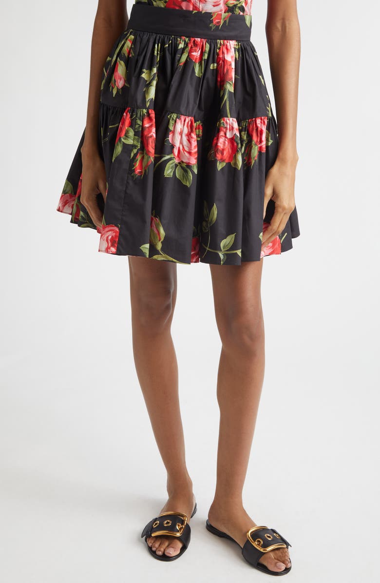 Dolce&Gabbana Rose Bouquet Pleated Cotton Poplin A-Line Miniskirt, Main, color, Bouquet Rose F.nero