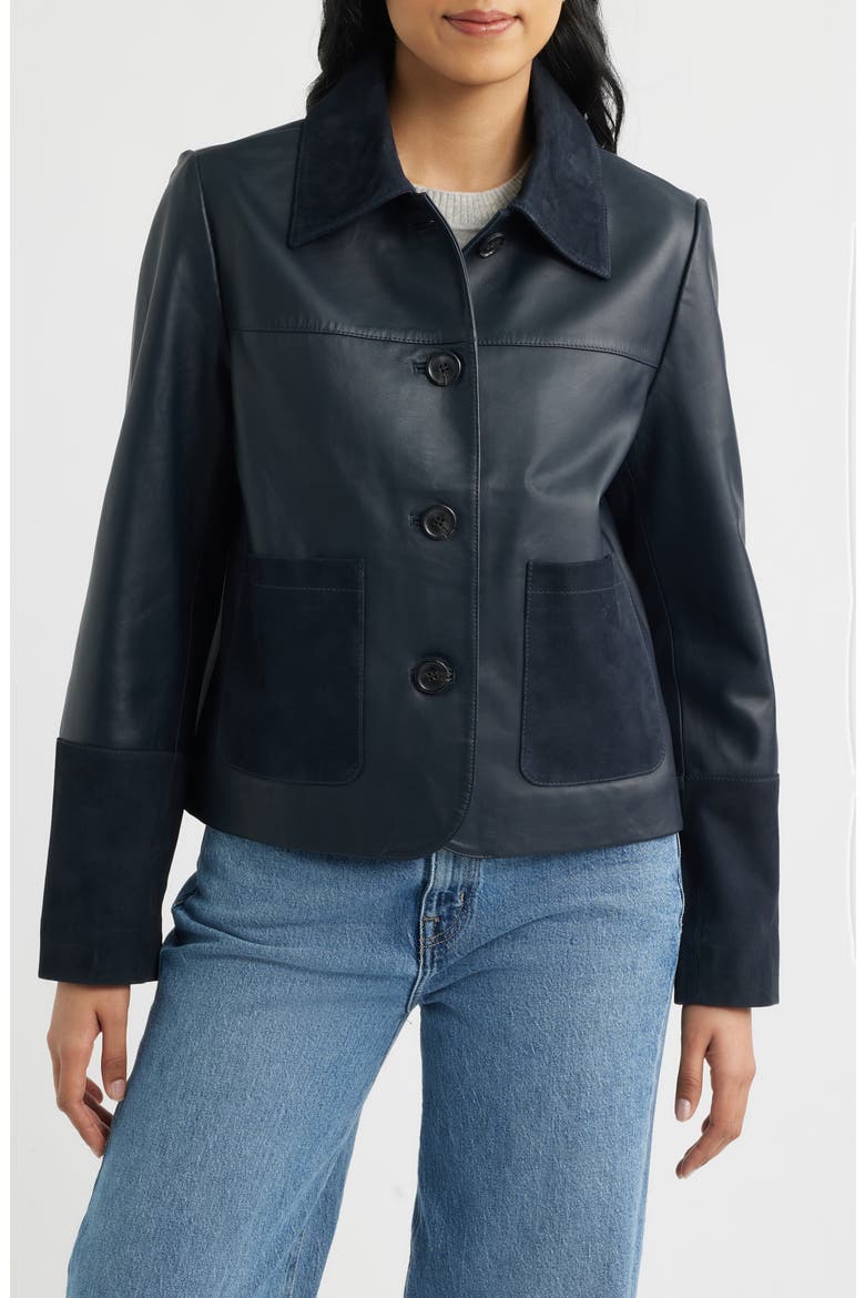 Short Mixed Media Leather Jacket, Alternate, color, NAVY