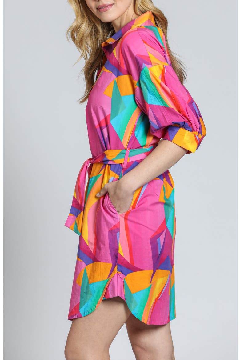 Print Cotton Belted Shirtdress, Alternate, color, PINK/ GREEN MULTI