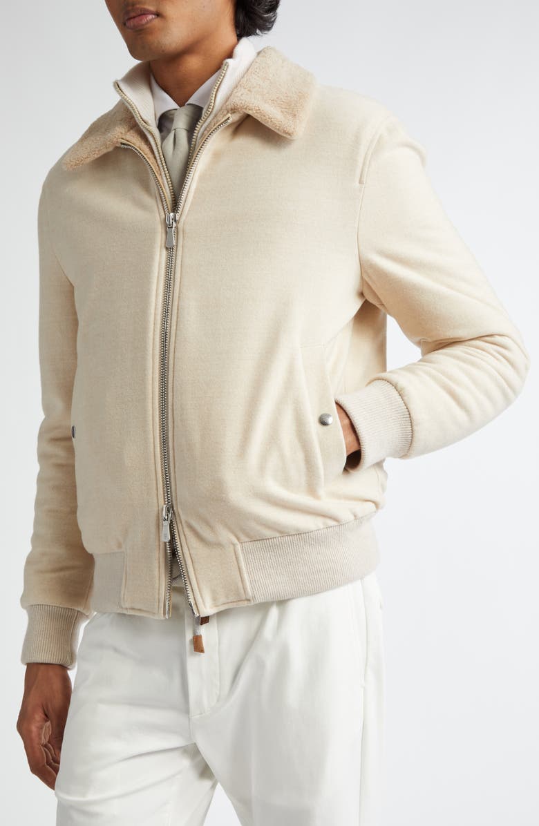 Eleventy Boiled Wool & Genuine Shearling Bomber Jacket, Alternate, color, Sand