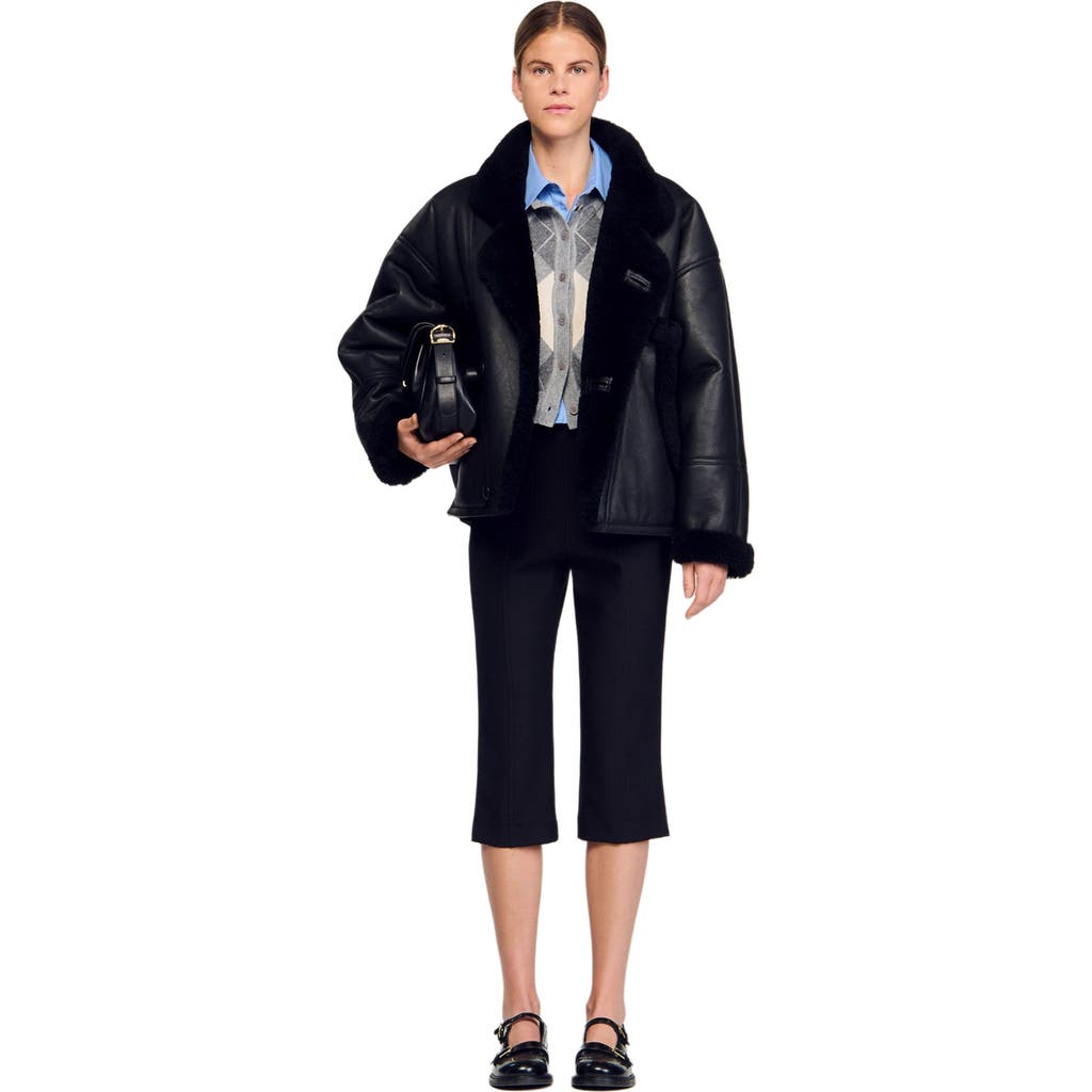 Sandro Short Shearling Coat In Black