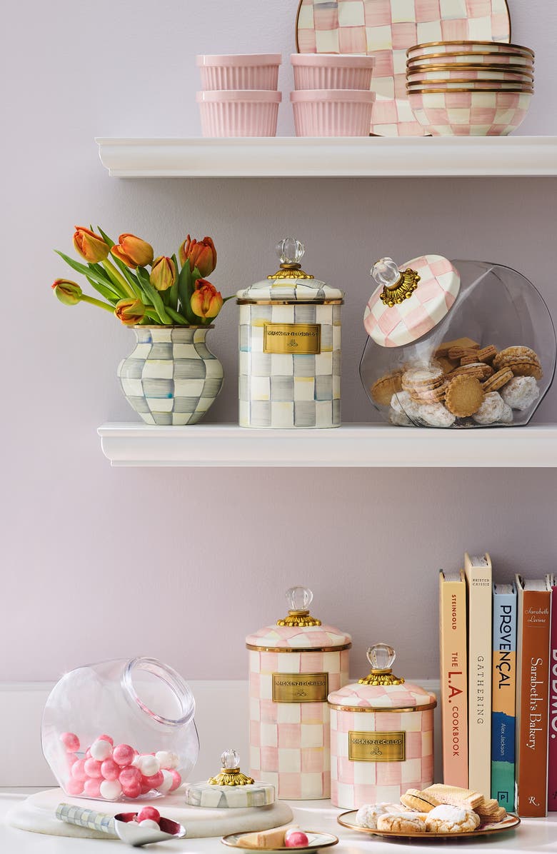 MACKENZIE CHILDS Cookie Jar with Rosy Check Lid, Alternate, color, Pink/ White