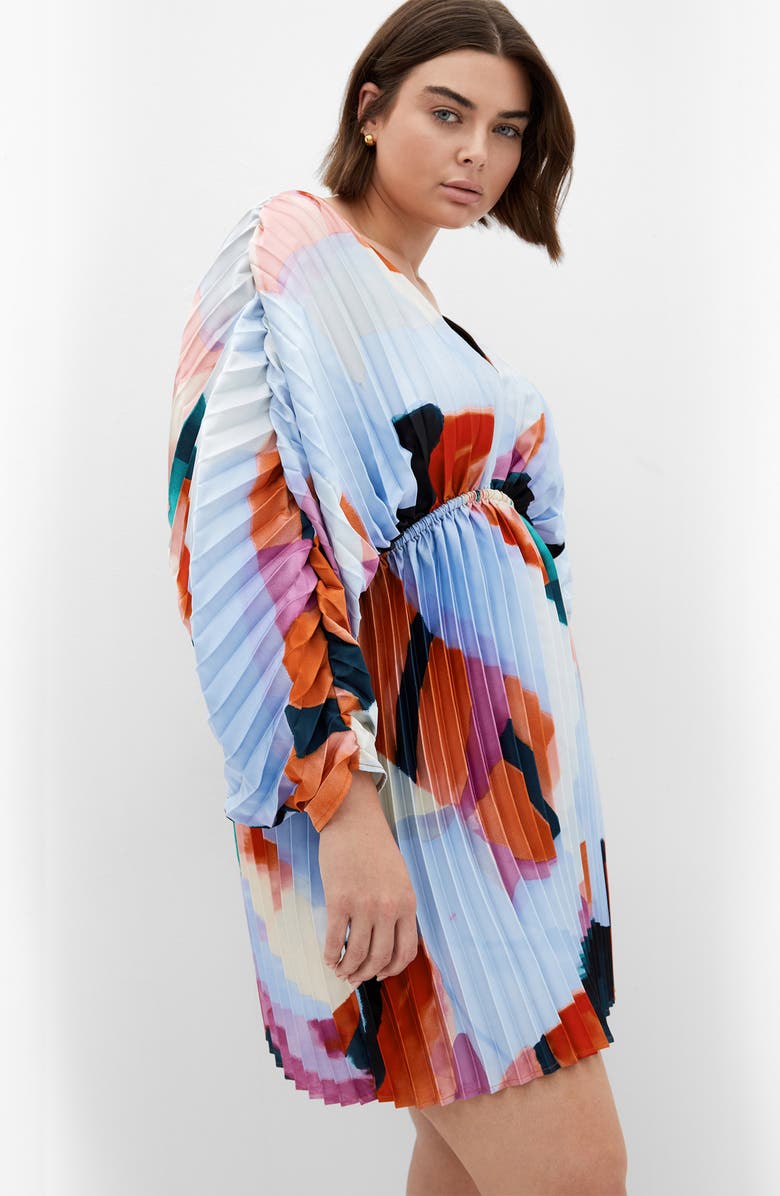 City Chic Chloe Print Pleated Long Sleeve Satin Minidress, Alternate, color, Aspect