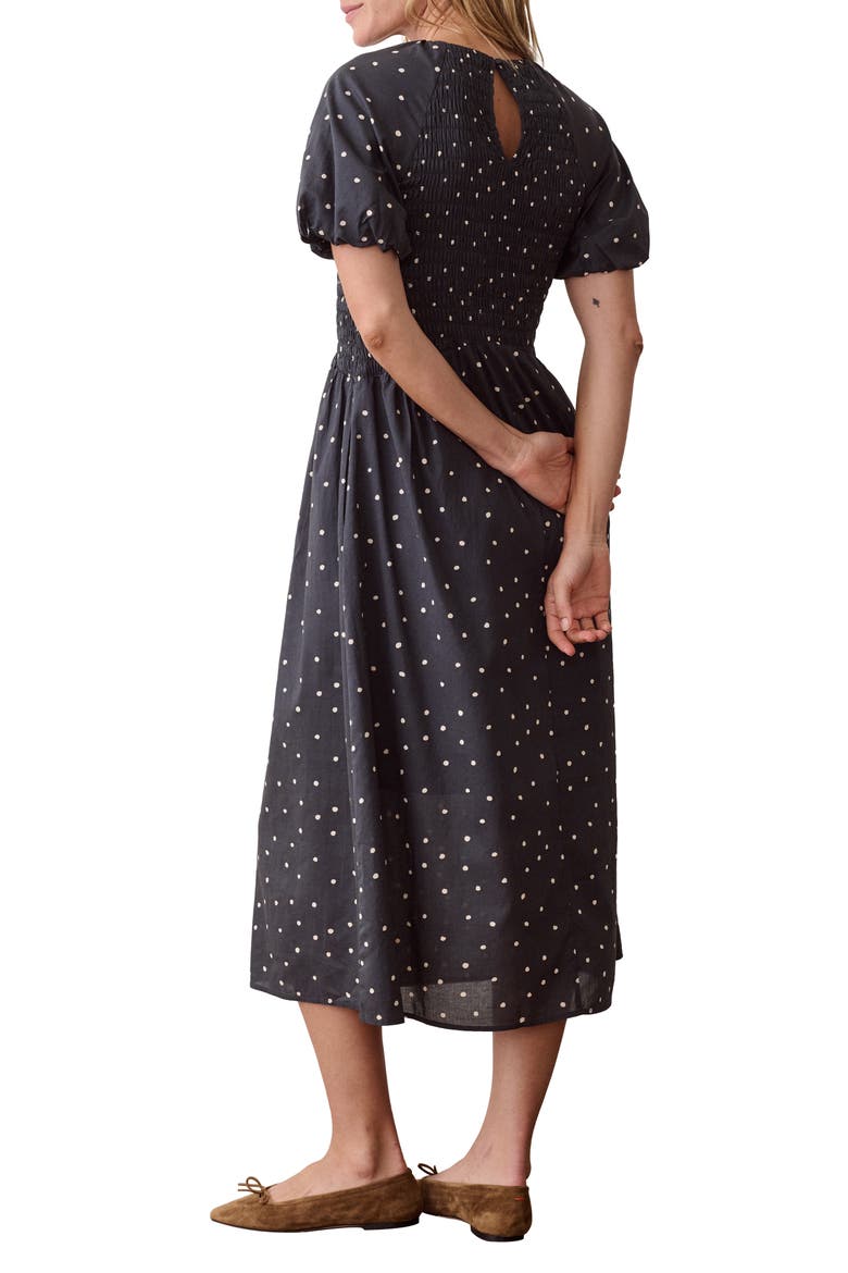 Gigi Smocked Cotton Blend Midi Dress, Alternate, color, NAVY POLKA DOT