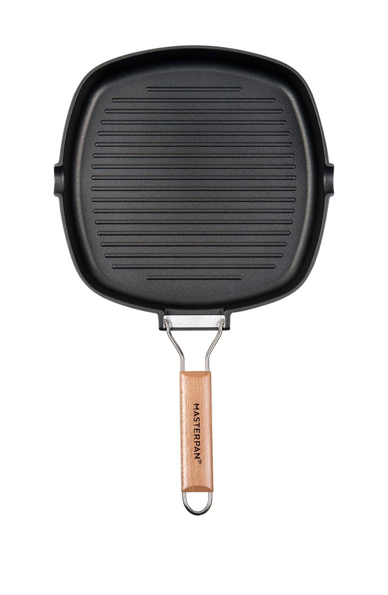 MASTERPAN Black Non-Stick 8" Grill Pan with Folding Wooden Handle, Alternate, color,