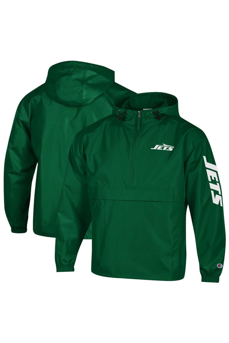 Men's Champion Green New York Jets Packable Hooded Windbreaker Half-Zip Jacket, Main, color, Green