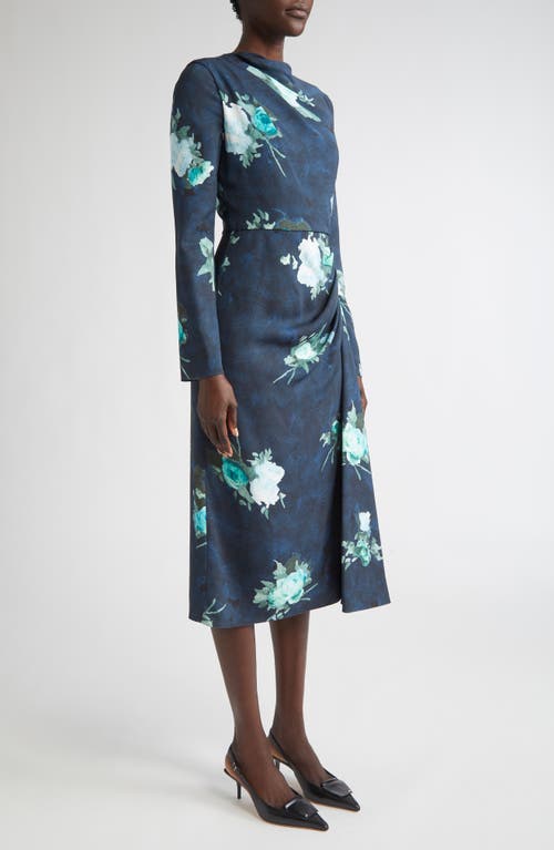 Erdem Abstract Rose Print Draped Long Sleeve Stretch Cady Midi Dress In Blue
